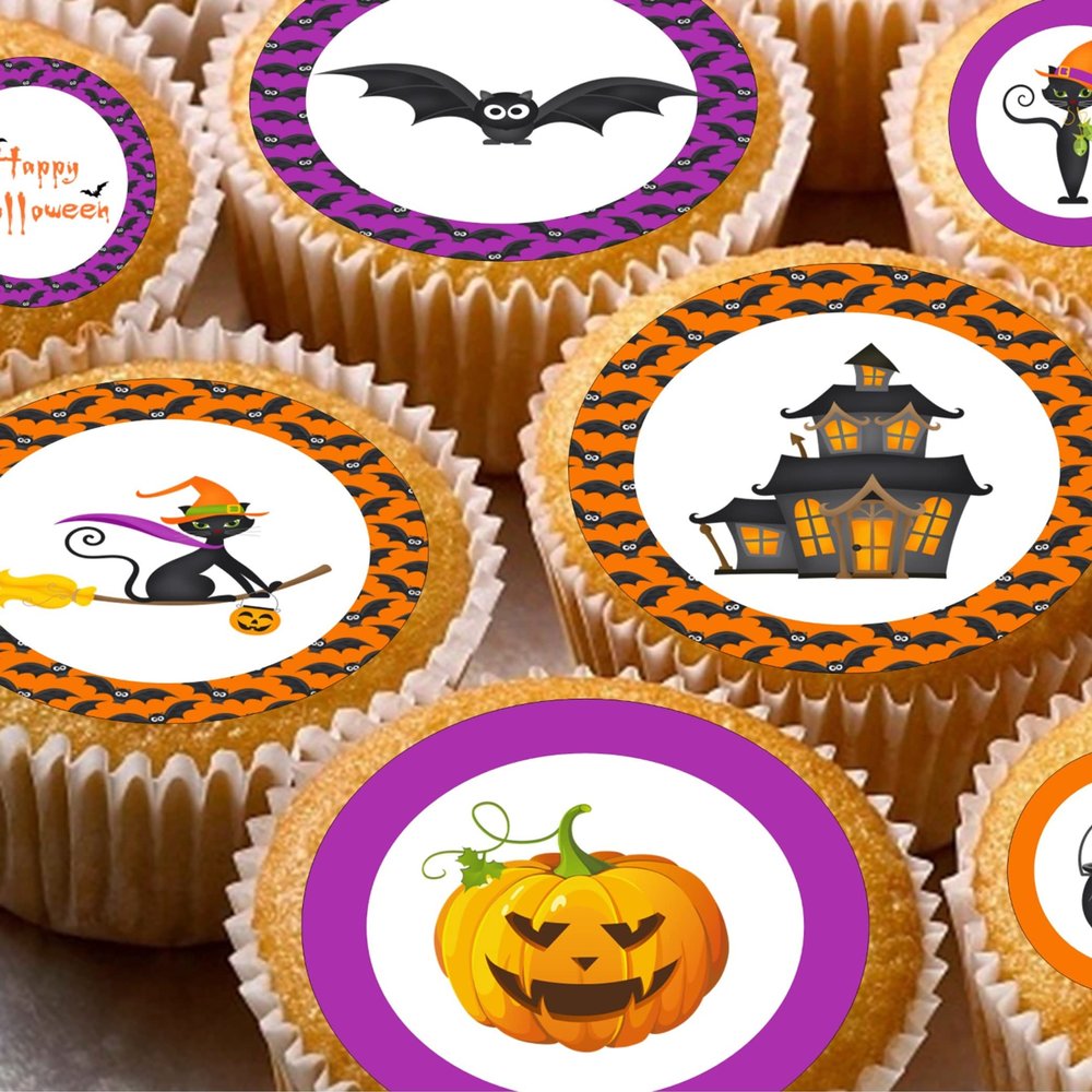 24 edible Halloween spooky trick or treat childrens party decorations Iced/Icing Cupcake Topper Edible Fairy Cake Bun Toppers Round