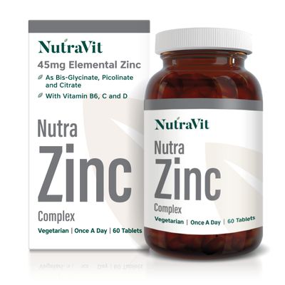 NUTRA ZINC Complex - 45mg Elemental Zinc| 60 Tablets| Contains Vitamin B6, C & D| Maintenance of Normal Immune System, Bones, Hair, Skin & Nails  Made in The UK by NutraVit