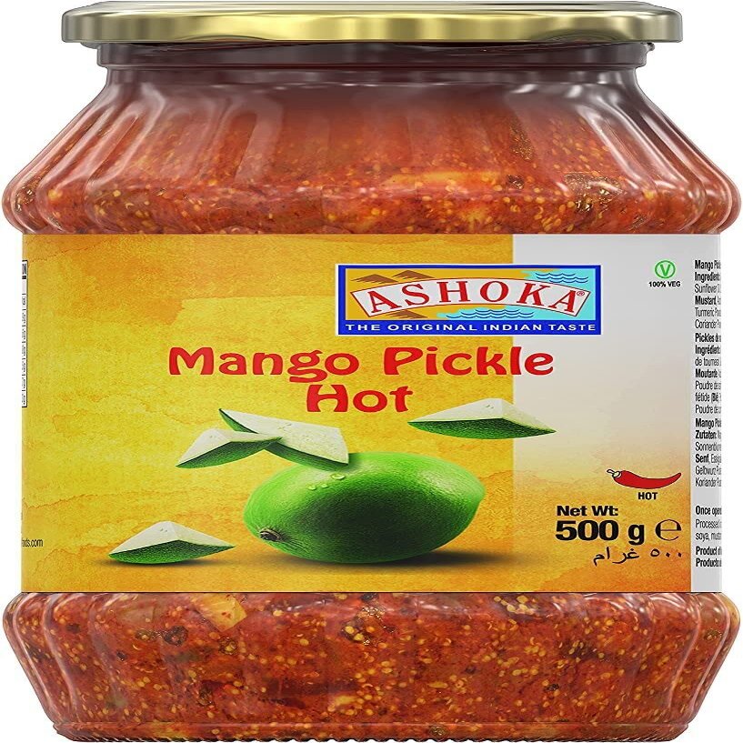 Ashoka Mango Pickle Hot 500g - Perfect as a Side Condiment for Any Indian Dish - Eaten With Indian Dinner or With Indian Breakfast