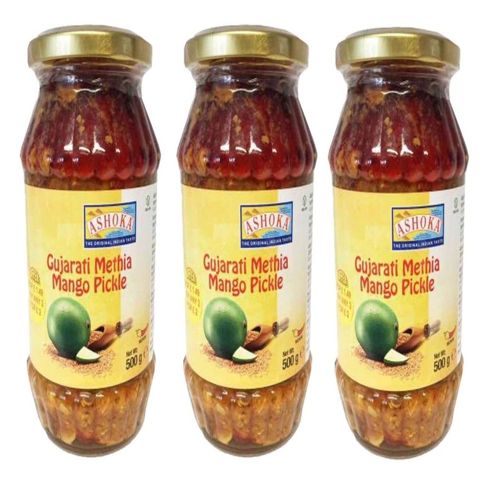 Ashoka Gujarati Methia Mango Pickle 500g (Pack of 3) - Perfect as a Side Condiment for Any Indian Dish - Eaten With Indian Dinner or With Indian Breakfast