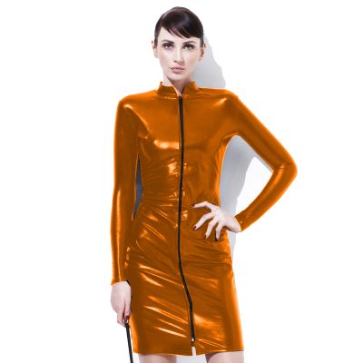 6XL Plus Size Women Sexy High Neck Zipper Front Midi Dress Long Sleeve Faux Leather Bodycon Dress Party Club Wear,Dark Yellow,L
