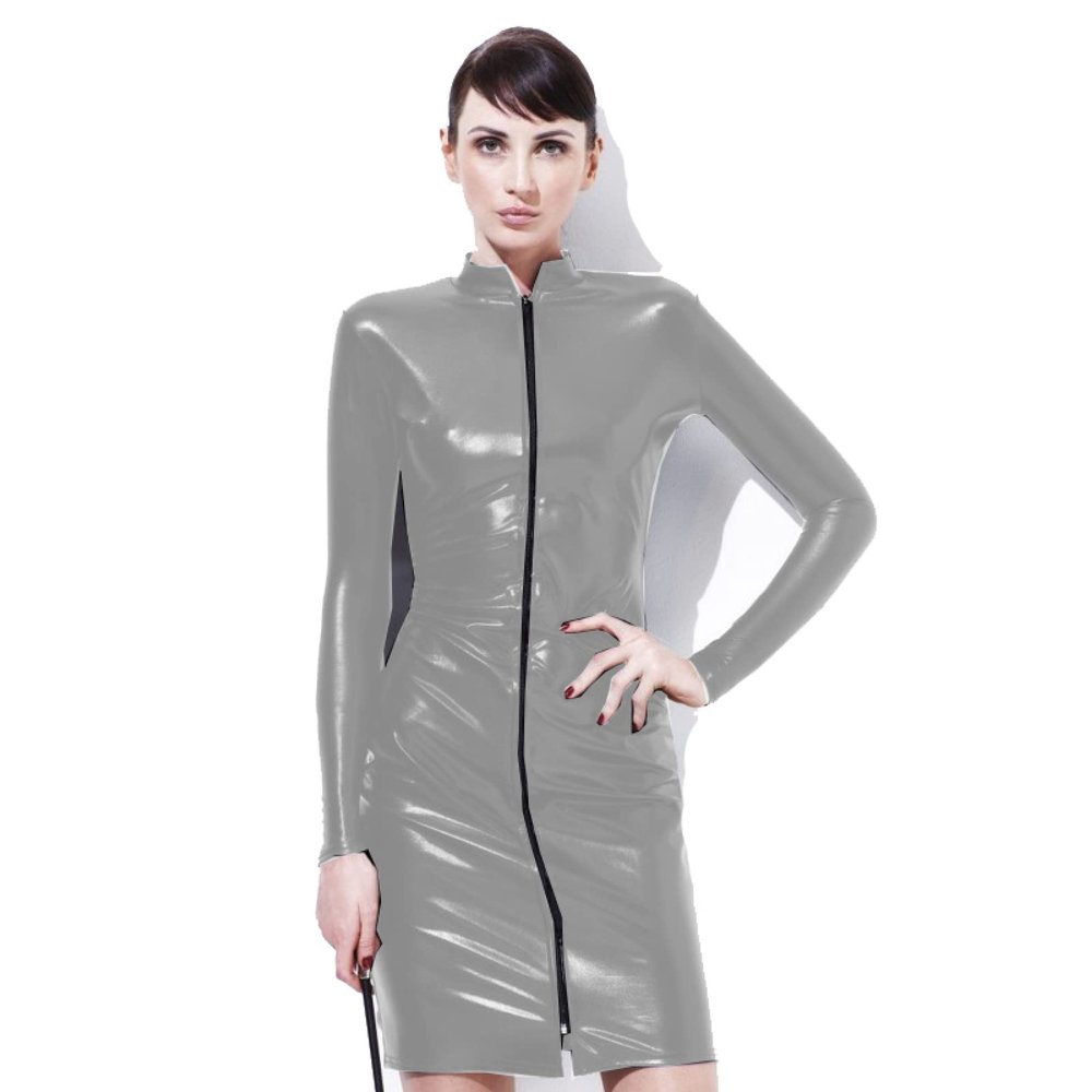 6XL Plus Size Women Sexy High Neck Zipper Front Midi Dress Long Sleeve Faux Leather Bodycon Dress Party Club Wear,Gray,6XL