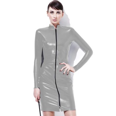 6XL Plus Size Women Sexy High Neck Zipper Front Midi Dress Long Sleeve Faux Leather Bodycon Dress Party Club Wear,Silver,L