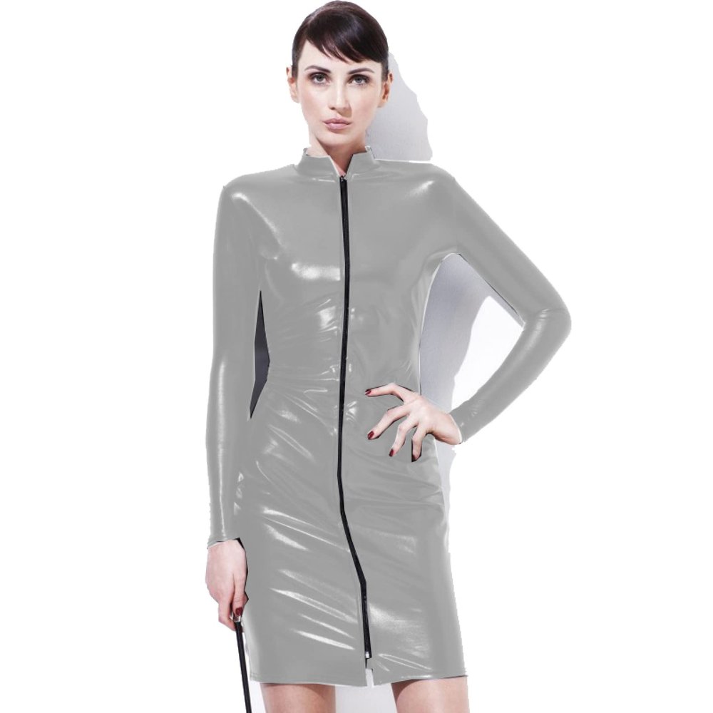 6XL Plus Size Women Sexy High Neck Zipper Front Midi Dress Long Sleeve Faux Leather Bodycon Dress Party Club Wear,Silver,L