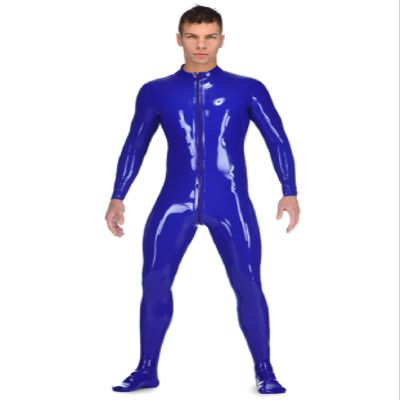 100% Gummi Rubber Latex Long Sleeve Bodysuit Blue Zip,Blue,XL