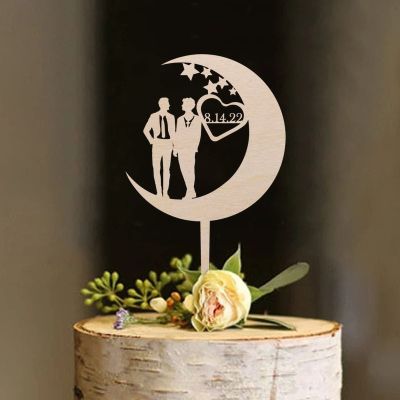 Two Man Cake Topper - His And His - Mr Mr Moon Star Cake Topper Wedding/Aniversary /Engagement Gifts,Rustic Wood