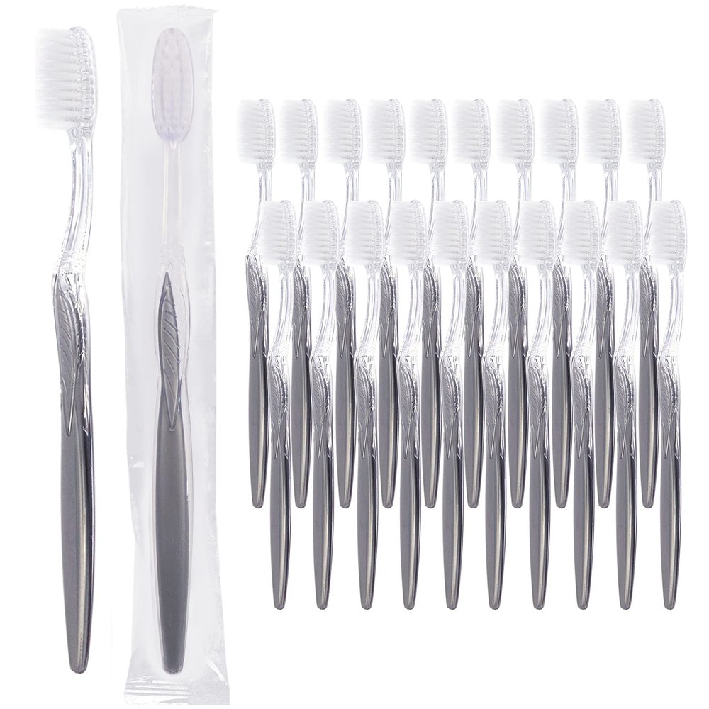 Grey Handle Toothbrush, Bulk Disposable Toothbrushes Individually Packaged for Travel, Hotel (100)