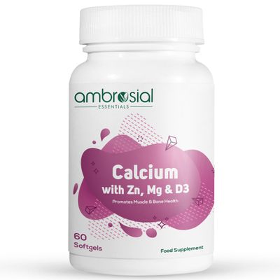 Ambrosial Calcium Magnesium Zinc + D3  4-in-1 Mineral Complex with Calcium Citrate  High Strength Daily Formula  60 Softgel Capsules  Non-GMO, Gluten-Free, GMP Certified