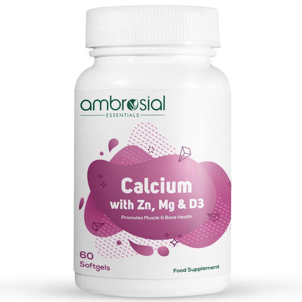 Ambrosial Calcium Magnesium Zinc + D3  4-in-1 Mineral Complex with Calcium Citrate  High Strength Daily Formula  60 Softgel Capsules  Non-GMO, Gluten-Free, GMP Certified