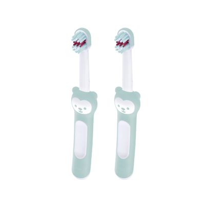 MAM Baby's Brush Set of 2, Baby Toothbrush with Short Handle for Easy Hold, Children's Toothbrush for Gentle Teeth Cleaning, from 6+ Months, Turquoise