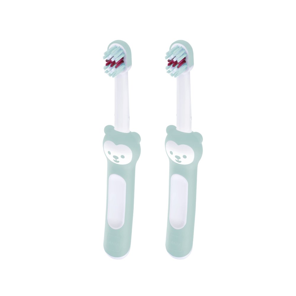 MAM Baby's Brush Set of 2, Baby Toothbrush with Short Handle for Easy Hold, Children's Toothbrush for Gentle Teeth Cleaning, from 6+ Months, Turquoise