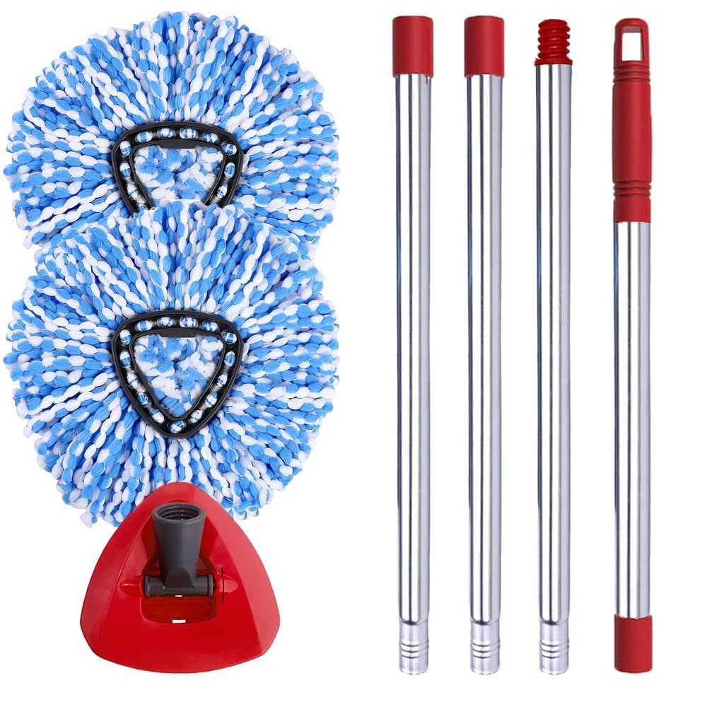 ANREKEYH Spin Mop Head, Base, Handle Replacement for O-ceda EasyWring RinseClean Microfiber Spin Mop, 2 Microfiber Mop Refills, 1 Triangle Mop Head Cover and 30-58in Mop Handle (Blue (2-Tank System))