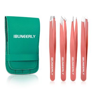 Tweezers Set, 4Pcs Tweezers for Women with Travel Leather Case, Professional Stainless Steel Eyebrows Tweezers, Great Precision Tweezers for Ingrown Hair, Facial Hair, Splinter Removal(Pink)