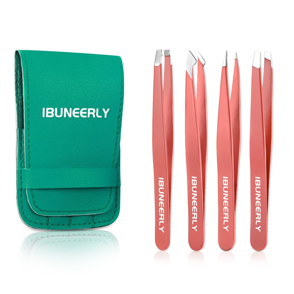 Tweezers Set, 4Pcs Tweezers for Women with Travel Leather Case, Professional Stainless Steel Eyebrows Tweezers, Great Precision Tweezers for Ingrown Hair, Facial Hair, Splinter Removal(Pink)