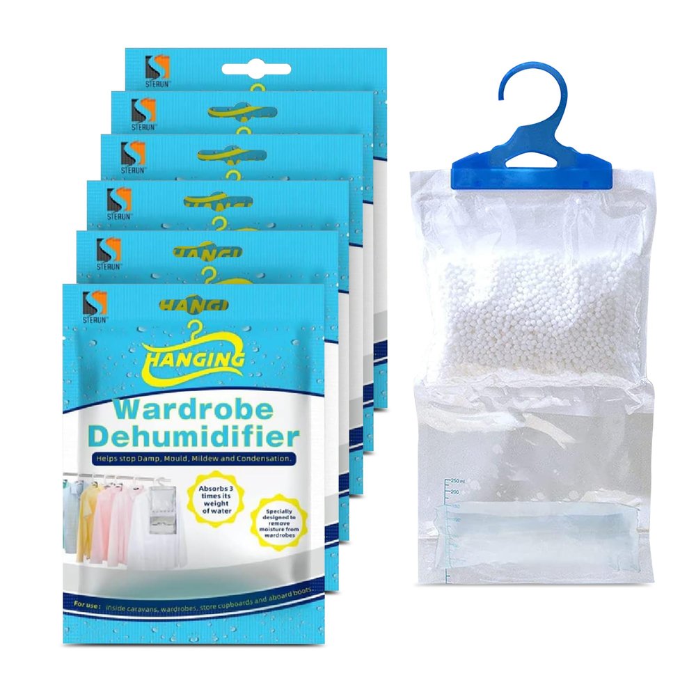 STERUN 6 Wardrobe Dehumidifier Hanging Bags With Leak Proof Storage Bag & Hanging Hook Ideal To Stop Mould, Mildew & Condensation For Wardrobe | Hanging Dehumidifier Bags | Damp Absorber (Pack of 6)