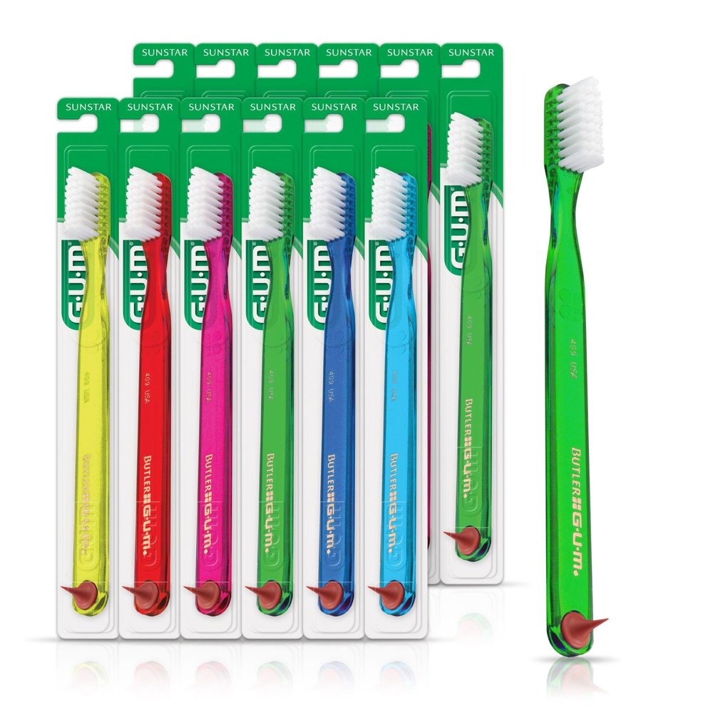 GUM 409 Classic Toothbrush with Rubber Tip, Compact Head, Soft Bristles Bulk Samples, 12 Count