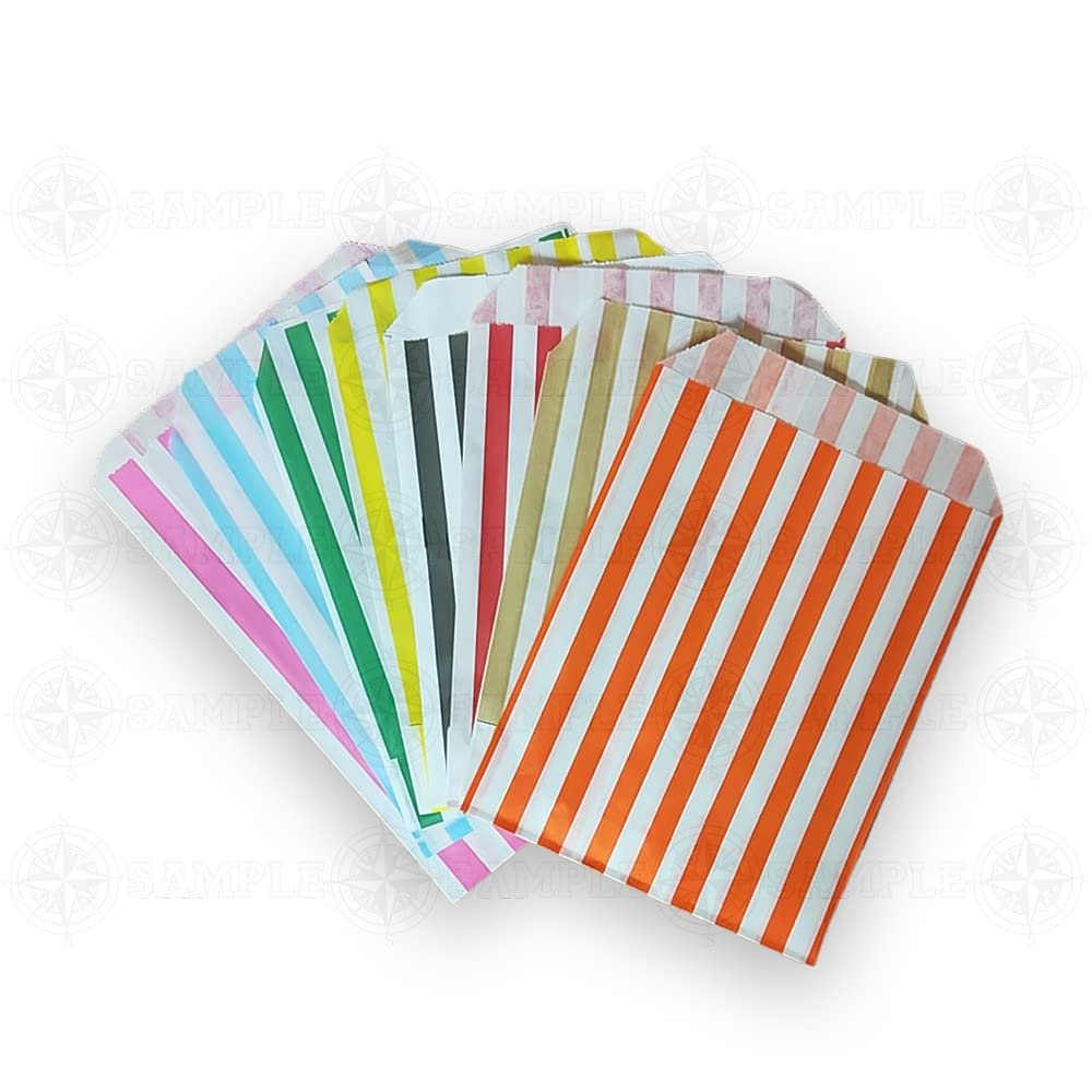 100 (3.89 Just )- Striped Candy Paper Bags for Sweet Flavor Buffet Wedding Cake Gift Shop (5'' X 7'') (Assorted, Qty: 100 Bags)