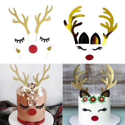 2 Set Christmas Cake Topper Decorations Reindeer Antler Cake Topper with Eyelashes Nose Ear for Easter Xmas Party Decor Supplies
