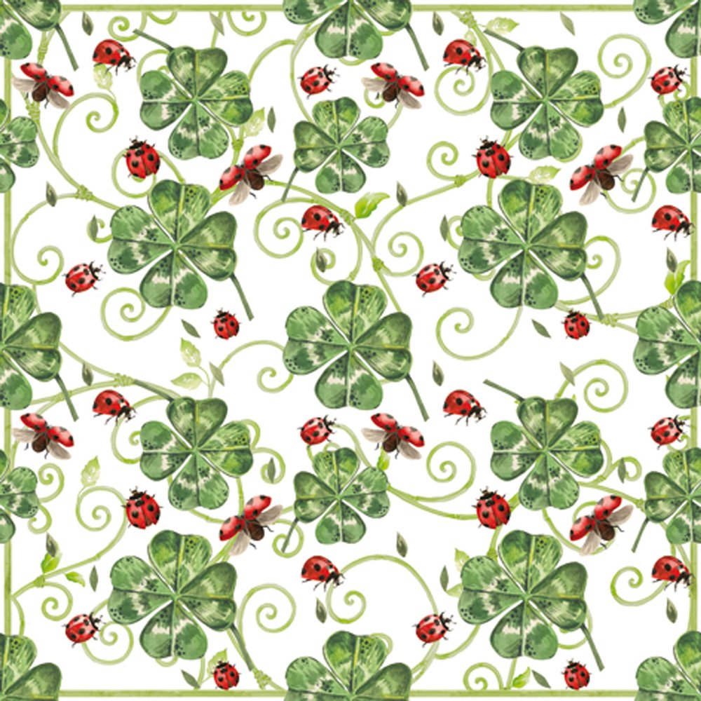 20 Napkins Ladybird Fly Around Clover Leaves | Good Luck | Garden | New Year | Table Decoration | Decoupage | Napkin Technology 33 x 33 cm