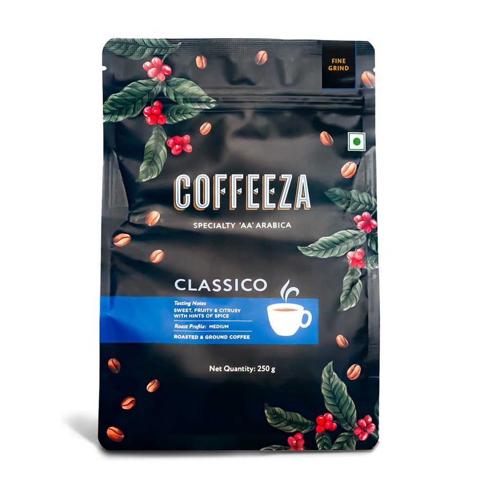 COFFEEZA Classico Ground Coffee | Fine Grind (Espresso & Moka Pots) | 100% Arabica Premium Grade, Medium Roasted Ground Coffee - 250Gm, Bag