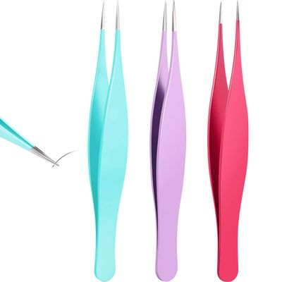 3 Pieces Pointed Tweezers Ingrown Hair Tweezers Precision Needle Nose Pointed Tweezers Stainless Steel Blackhead Remover for Eyebrow Hair, Facial Hair Removal (Blue,Red,Purple)