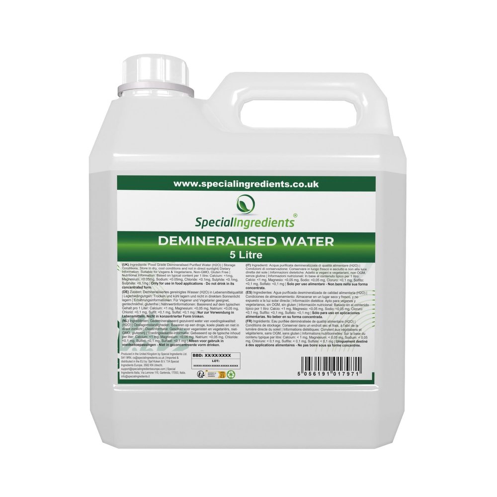 Special Ingredients Ultra Pure Food Grade Demineralised Purified Water H2O - Suitable for Vegans, Non-GMO, Gluten Free (5 Litre)