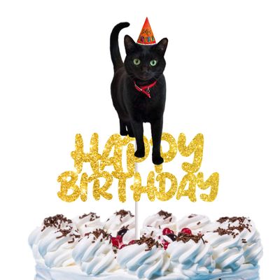 Cat Happy Birthday Cake Topper Black Cat Cake Decorations for Boys Girls Pets Cute Mewo Animal Theme Party Supplies Black Gold Glitter