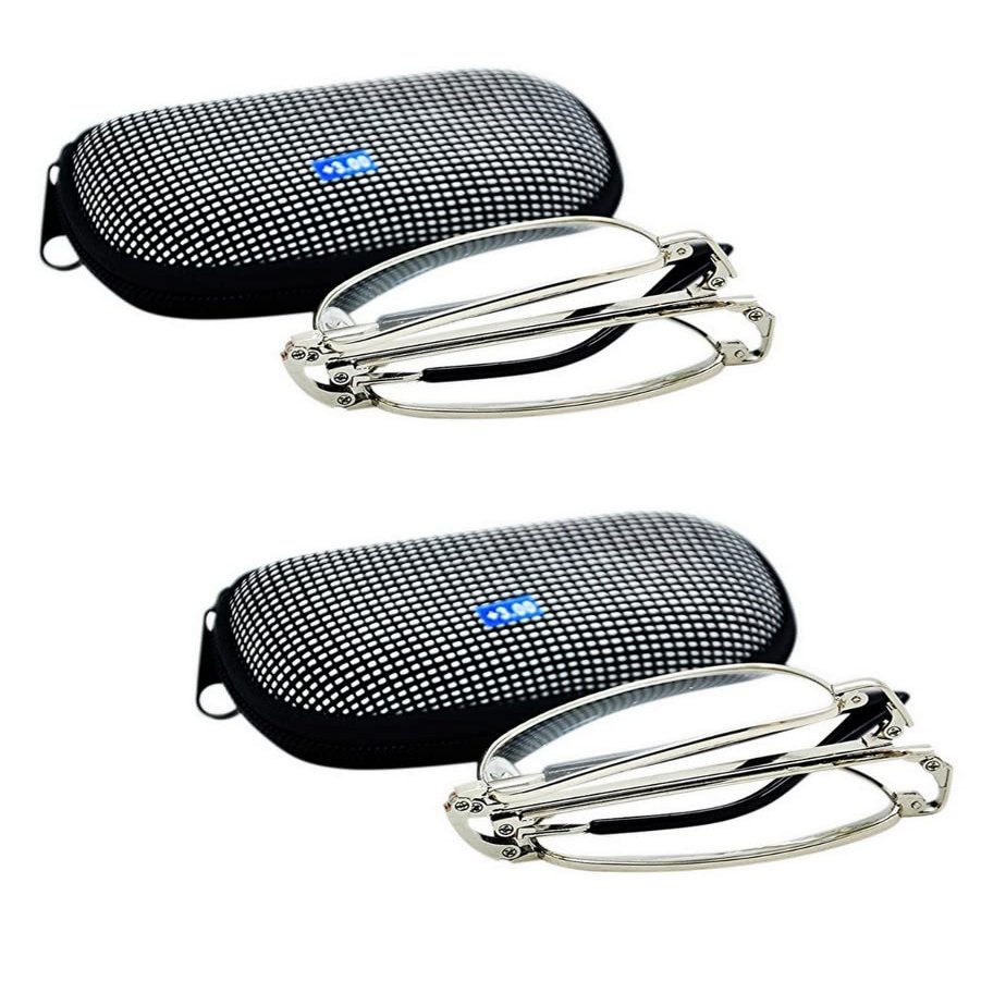 Fads & Fashions 2 Pairs Silver Metal Alloy Folding Reading Glasses with Case & Belt Holder Z006 (2 x Silver Frame, 1.0, multiplier_x)