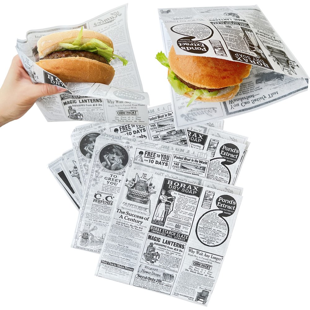 Tocnvoe - 200 pcs Greaseproof Paper for Food, Old Newspaper Pattern, 19X17 cm, Paper Bag, Wrap Bag, Durable, Moisture and Grease Resistant, for Sandwiches, Hamburgers, Snacks