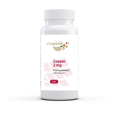 Vita world Copper 2 mg l Copper Gluconate l high bioavailability l Vegan l 1 Year Supply - 365 Tablets