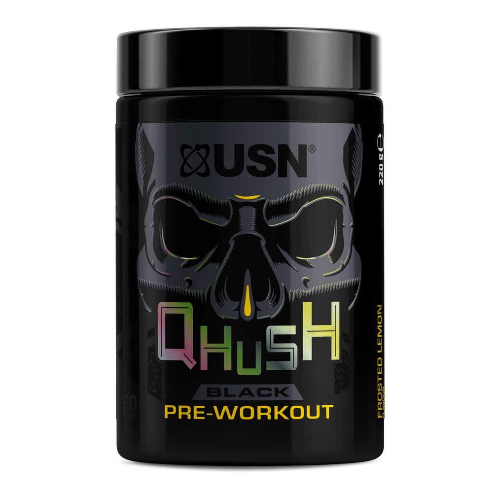 USN Qhush Black Frosted Lemon Pre Workout 220G: Explosive Energy Drink PowderHigh Caffeine Energy Supplement With Vitamin B6 Complex For Focus And Performance