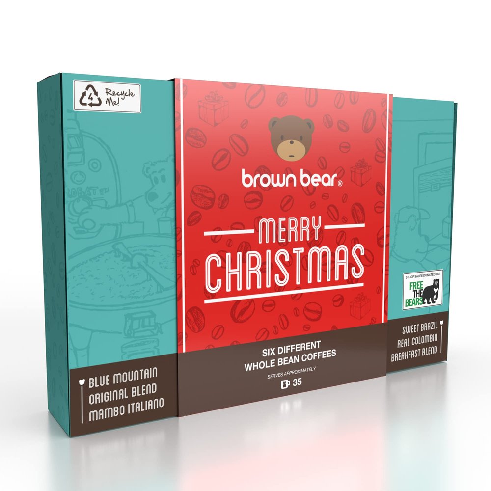 Brown Bear Christmas Coffee Beans Gift Set - 6 Blends in 1 Xmas Selection Pack - For Men and Women - Strength 3 4 5 Coffee Machines - Light Medium Dark Roast