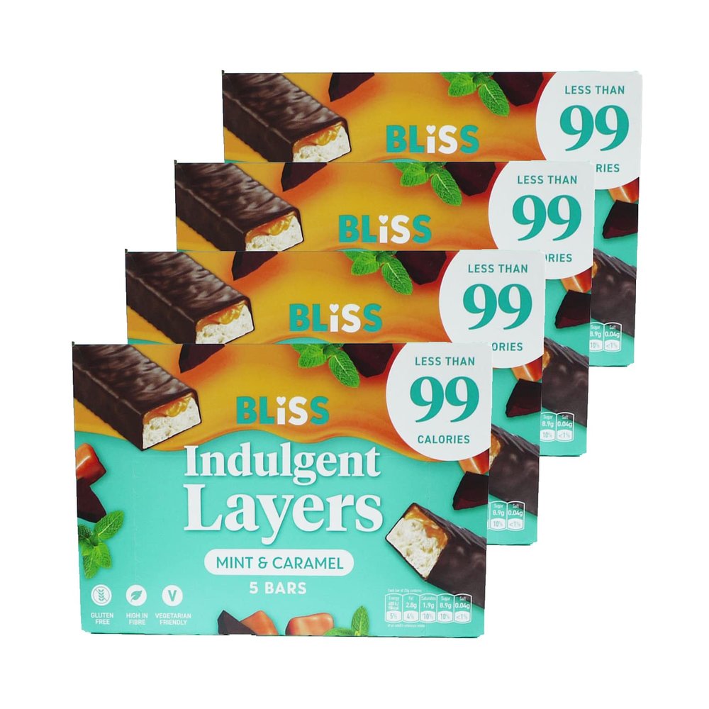 BLISS INDULGENT LAYERS MINT & CARAMEL Snack Bars 25g Guilt Free 99 Cal 4 Boxes (20 bars Total)