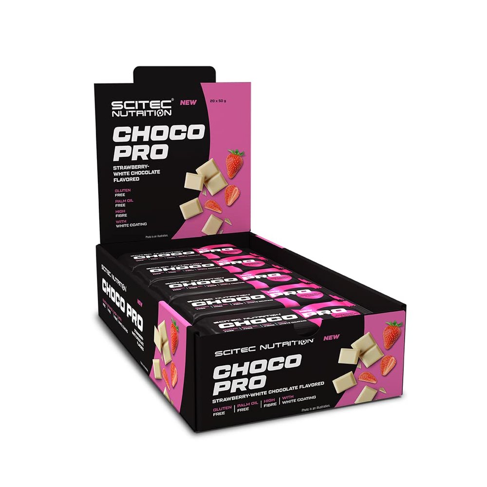 Scitec Nutrition Choco Pro  Gluten-Free Protein Bar  14g Protein per Slice  Source of Fiber  Palm Oil-Free, 20 * 50 g, Strawberry-White Chocolate