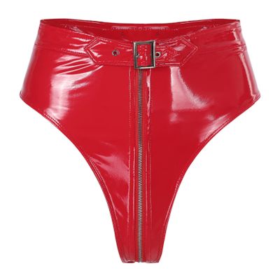 TiaoBug Women Wetlook Crotch Zipper Faux Leather High Waisted Booty Shorts Dancing Costumes Red Zipper XXL