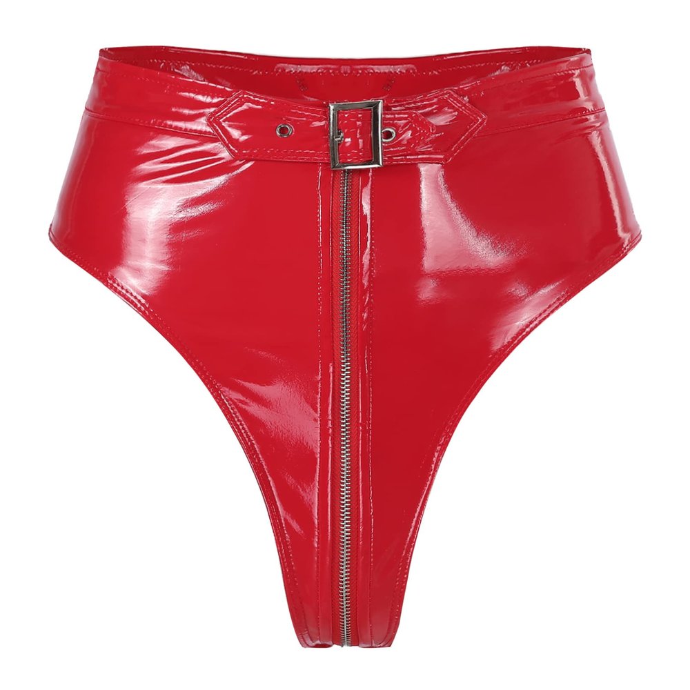 TiaoBug Women Wetlook Crotch Zipper Faux Leather High Waisted Booty Shorts Dancing Costumes Red Zipper XXL