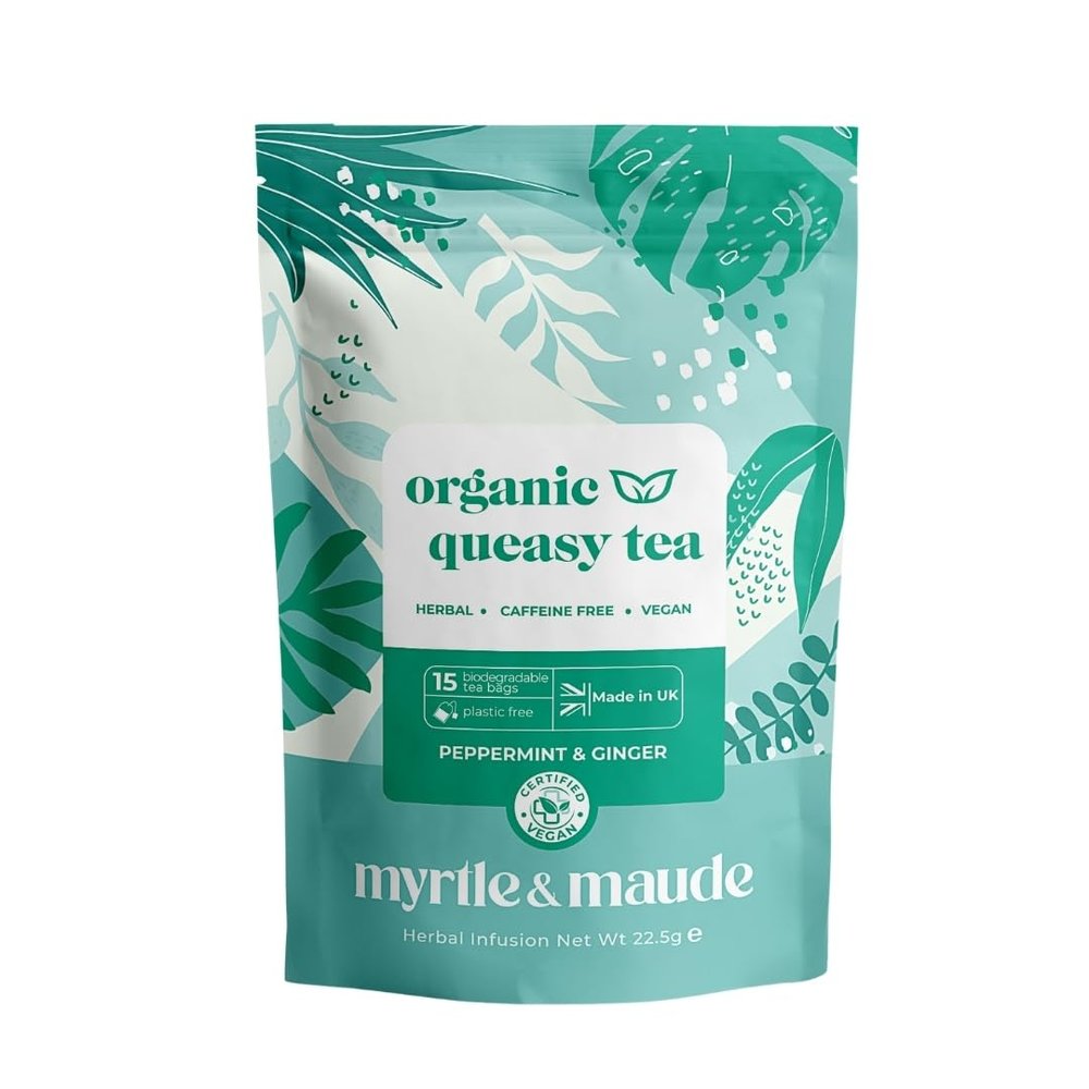 Myrtle & Maude - Queasy Days Herbal Tea - Morning Sickness Support and Nausea Relief - 100% Organic Peppermint & Ginger Tea - 45 Tea Bags - Caffeine Free - Certified Vegan (3 Pack of 15 Tea Bags)