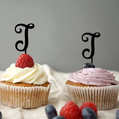 Initial J Cupcake Toppers Wedding Letter Monogram Name For Wedding Engagement Party Decor Country Reusable Branches Leaf Personalized Any 26Letters Bridal Shower Gifts 6PCS