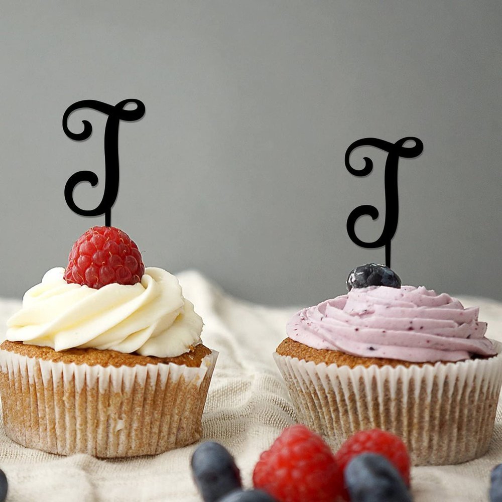 Initial J Cupcake Toppers Wedding Letter Monogram Name For Wedding Engagement Party Decor Country Reusable Branches Leaf Personalized Any 26Letters Bridal Shower Gifts 6PCS
