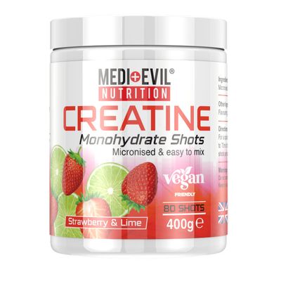Medi-Evil Nutrition Creatine Monohydrate Shots Powder Vegan Friendly, Strawberry and Lime Flavour, 400g, 80 Servings, Micronised for Easy Mixing (Pack of 1 Tub)