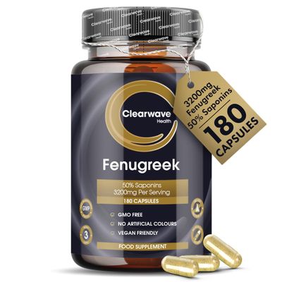 Fenugreek Capsules |180 Vegan Capsules | 3200mg - 50% Saponins | High Strength Fenugreek Powder | Easy to Swallow | by Clearwave Health
