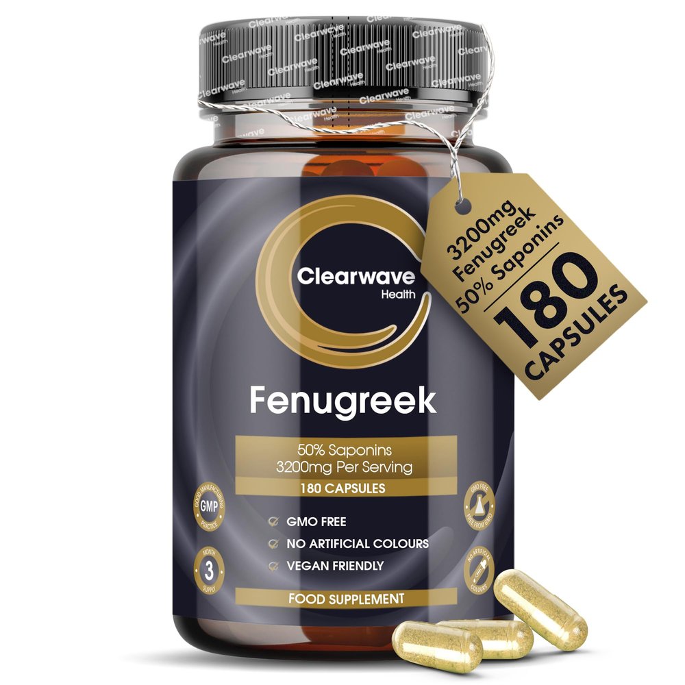 Fenugreek Capsules |180 Vegan Capsules | 3200mg - 50% Saponins | High Strength Fenugreek Powder | Easy to Swallow | by Clearwave Health