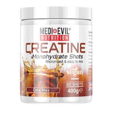 Medi-Evil Nutrition Creatine Monohydrate Shots Powder Vegan Friendly, Cola Max Flavour, 400g, 80 Servings, Micronised for Easy Mixing (Pack of 1 Tub)