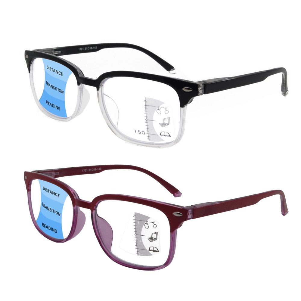 SIKAITE 2 Pack Unisex Rectangular Progressive Multifocal Computer Reading Glasses Blue Light Blocking Readers Eyeglasses for Men Women (grey and burgundy, 1.5, multiplier_x)