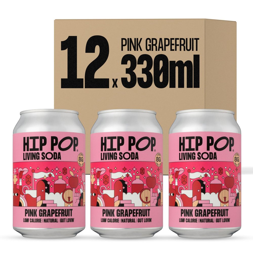 Hip Pop Living Soda, Low Calorie, 100% Natural, Vegan, Pink Grapefruit, 12 x 330 ml