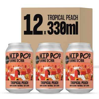 Hip Pop Living Soda, Low Calorie, 100% Natural, Vegan, Tropical Peach Flavour, 12 x 330 ml