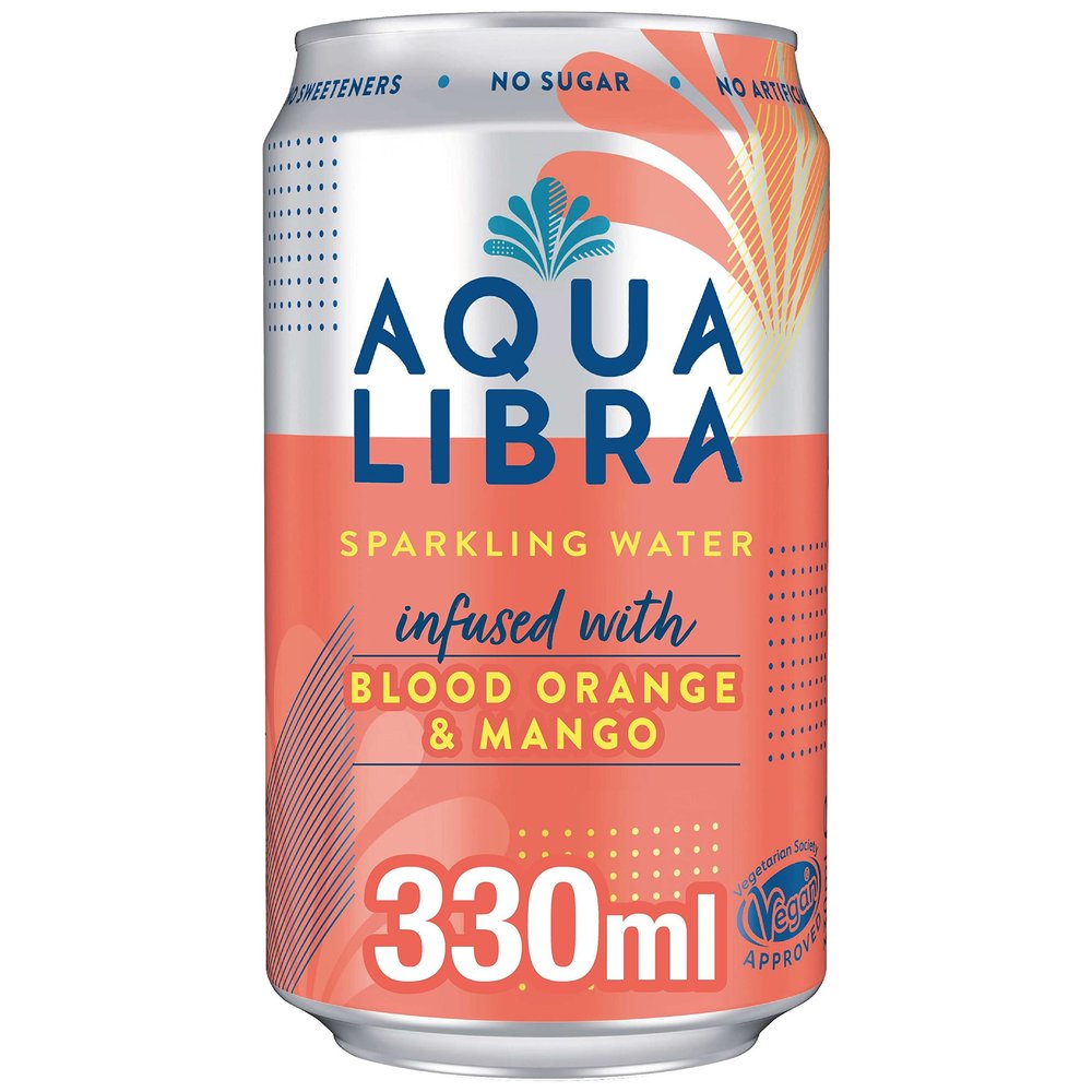 AQUA Libra Sparkling Sugar-Free Fruit Water, No Calories, Blood Orange and Mango, 330ml, Pack of 10 Cans, 330ml (Pack of 10)
