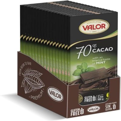 Valor Dark Chocolate Bar - 70% Dark Chocolate with Mint, Deliciously Smooth Dark Chocolate Bars made with Fine Cacao, Gluten Free, Crafted by Master Chocolatier, Box 17 100g Bars