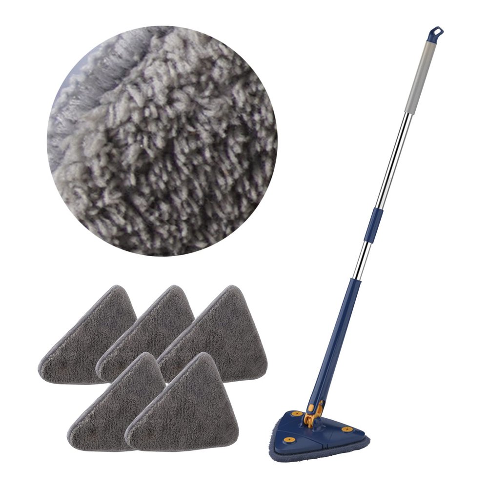 360 Rotatable Adjustable Cleaning Mop, Telescopic Triangular Mop, Multifunctional Spin Mop with Automatic Water Squeezing Function for Floor Ceiling Window Wall Car Cleaning (Blue Mop+2PCS Mop Cloth)
