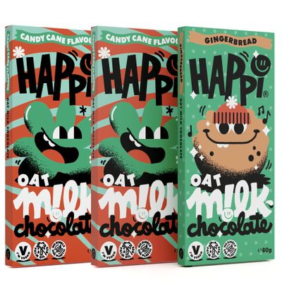 Happi 3 x 80g Vegan Chocolate Bars | 2 x Candy Cane Mint Chocolate | 1x Honeycomb & Ginger Flavour - Vegan Valentine Chocolate Gifts
